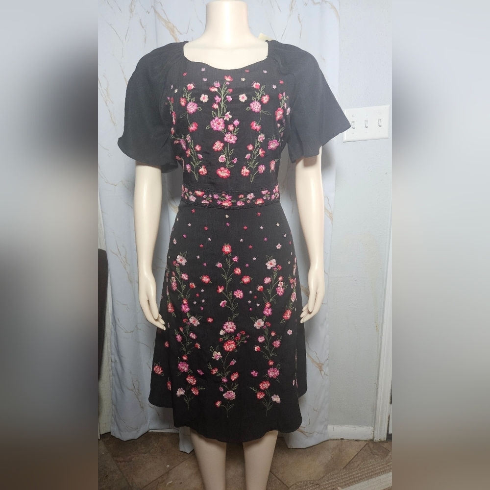 Black Floral Midi Dress with Pink Embroidery
